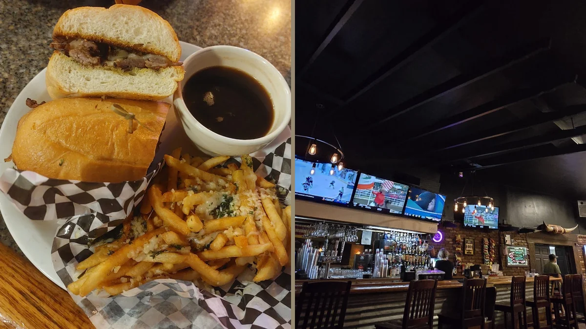 Pizza and burgers in a casual restaurant interior.