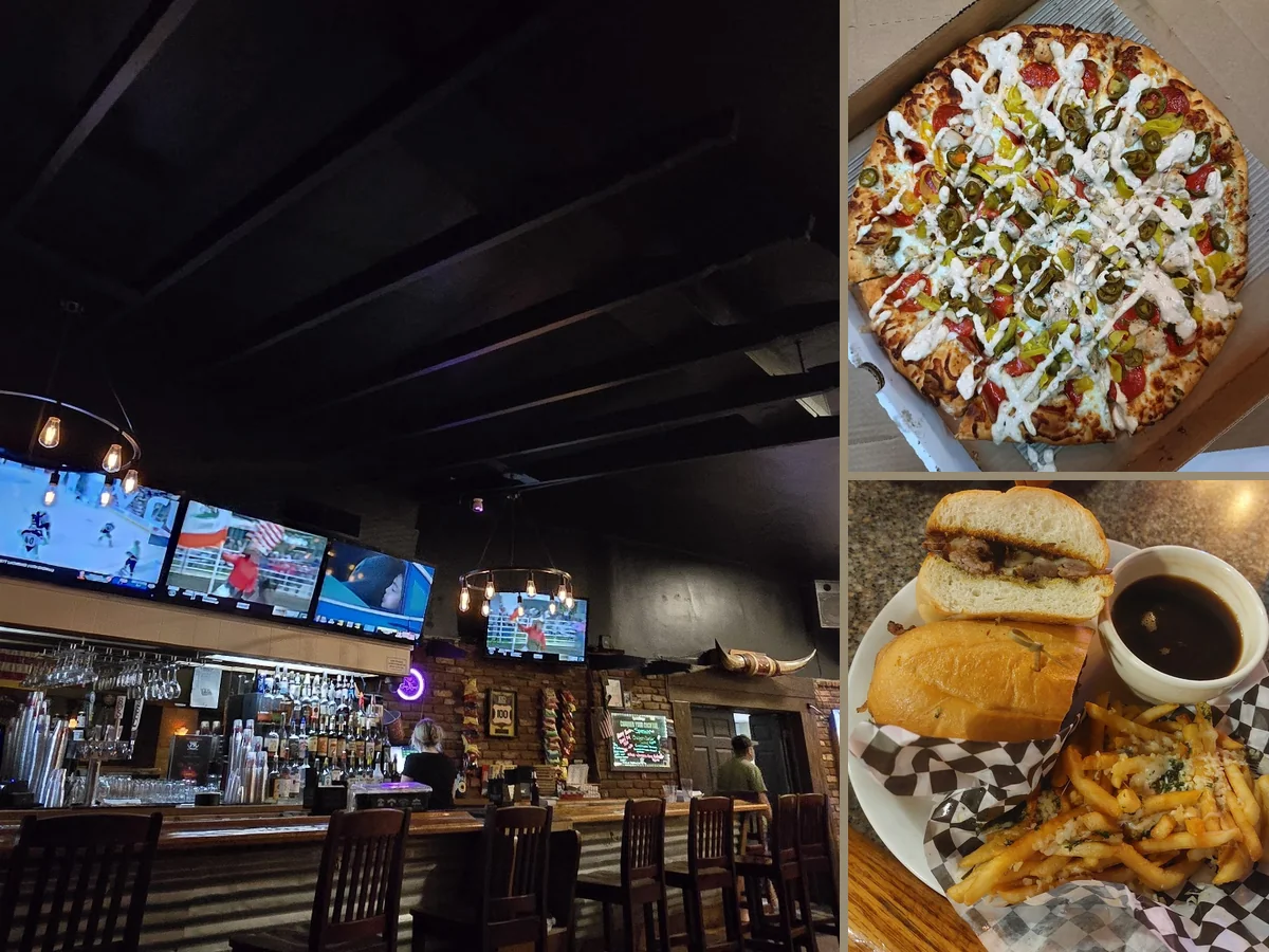 Pizza and burgers in a casual restaurant interior.