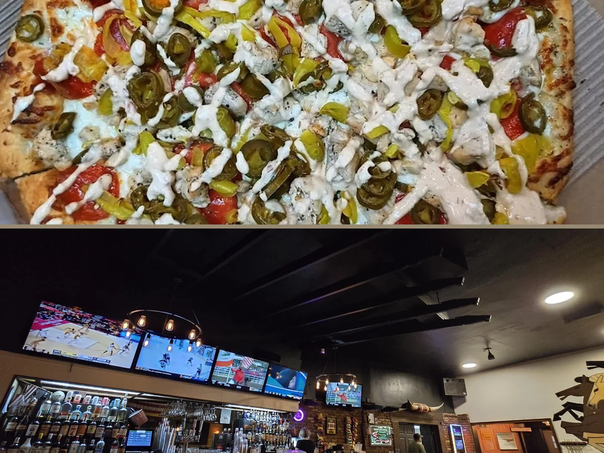 Family restaurant tables beside a sports bar setting.
