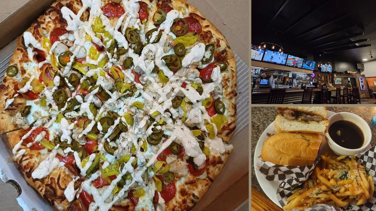 Pizza and burgers in a casual restaurant interior.